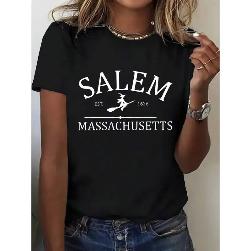 Women's Short-Sleeve Witch Print Sports Top - Casual Round Neck Casual Wear, Machine-Washable Salem & Massachusetts Witch Broomstick Apparel for Salem Events