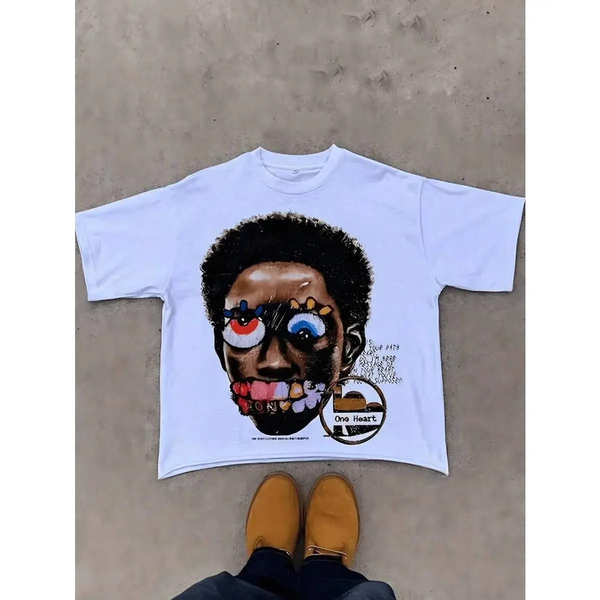 Loose Fit Cotton T shirt Full Surreal Abstract Male Portrait Front Graphic Casual Top For Outdoor Picnic Road Trip Daily Street Outfit Men Women