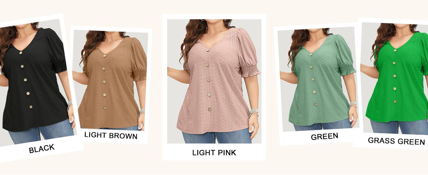 Imily Bela Womens Plus Size Tunic Tops V Neck Short Puff Sleeve Tops Casual Summer Eyelet Blouses