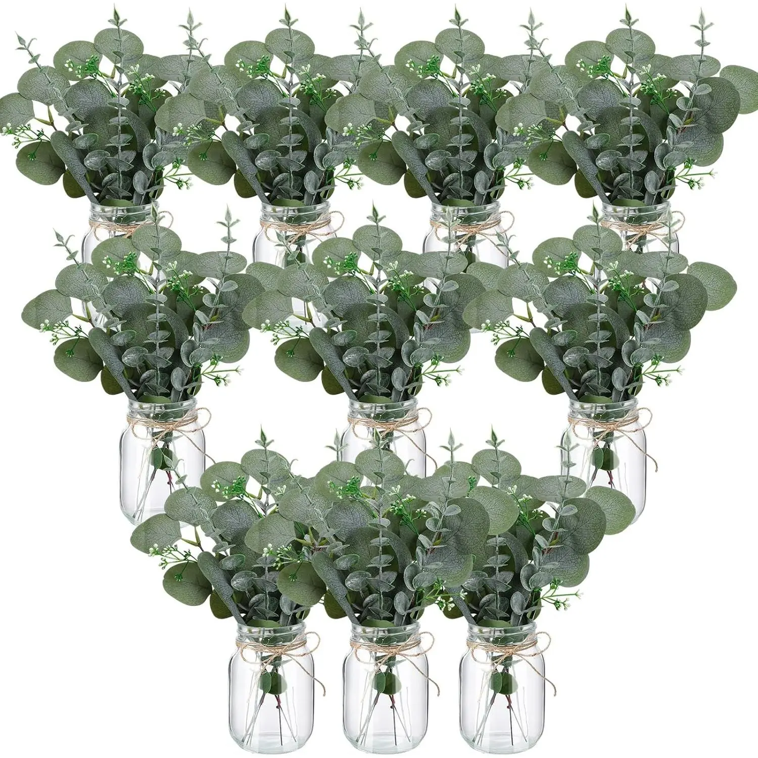 10 Set Mason Jar Table Centerpiece with Flower Mason Jar Flower Centerpiece Vases Decor for Engagement Party Bridal Shower Wedding Reception Table Decor(Light Green,Eucalyptus)