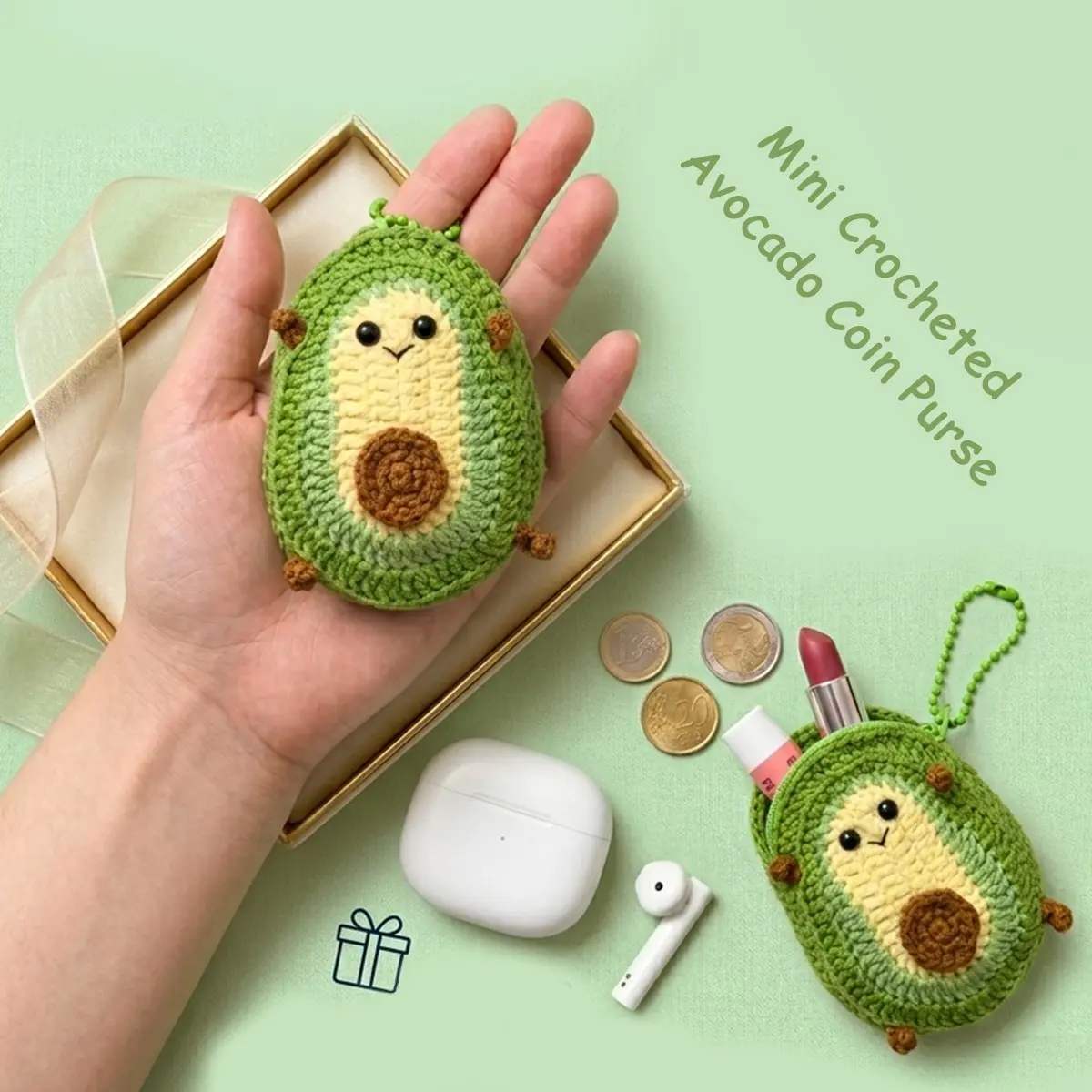 Mini Handmade Coin Purse, Avocado Crochet Zippered Keychain Bag, Crochet Case for AirPods, Travel Accessory, Gift for Women