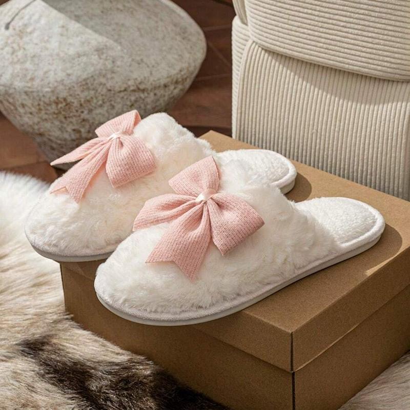 Women's Cute Bow Knot Slippers, Fall & Winter Cartoon Thick Sole Comfortable Cotton Shoes, Sweet Style Home Wear, Plush Upper Material, Slippers Indoor Women's Cute Bow Knot Slippers, Fall & Winter Cartoon Thick Sole Comfortable Cotton Shoes, Sweet Style Home Wear, Plush Upper Material, Slippers Indoor