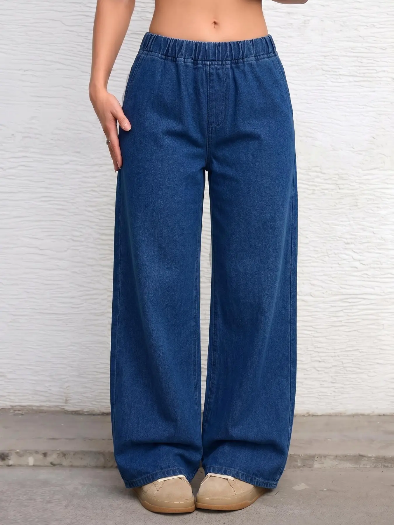 Women's Loose-Fitting Baggy Wide Leg Jeans, Comfortable Casual Denim Jeans, Deep Blue Elastic Waist, All-Season Daily Wear