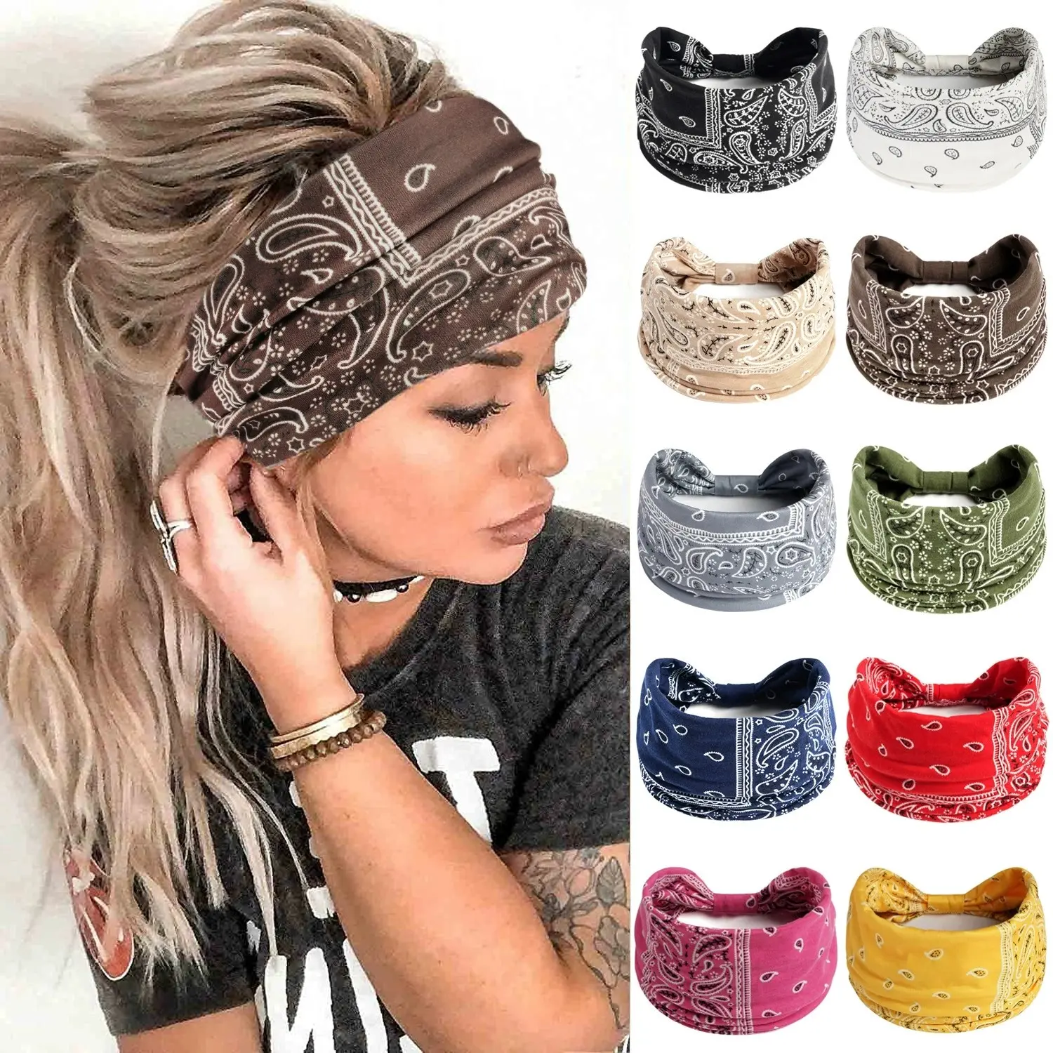 Ladies' 10pcs vintage printed paisley headband with wide elastic edge, fashionable sports headscarf, running yoga, anti slip, sweat absorbing headband, makeup, face washing, fitness headband