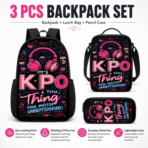 3-piece travel bag set featuring Kpop culture and art. Includes a zippered backpack, a crossbody bag, and a pencil case. Washable, suitable for teenagers