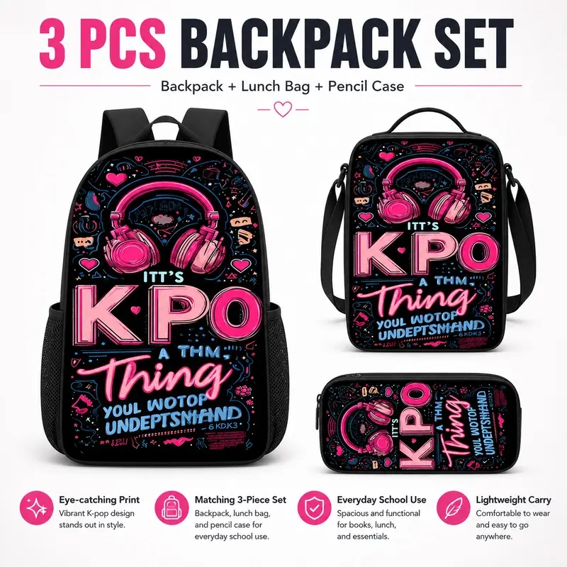 3-piece travel bag set featuring Kpop culture and art. Includes a zippered backpack, a crossbody bag, and a pencil case. Washable, suitable for teenagers