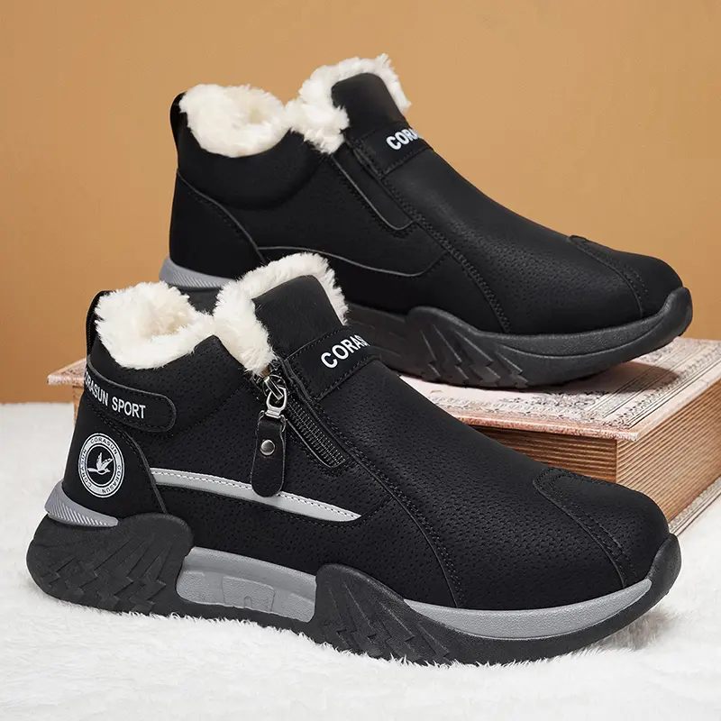 Men's PU Leather Mid-Calf Fleece-Lined Snow Boots - Round Toe, High-Top, Side Zipper, Flat Heel, Minimalist Footwear, Male Shoes, PVC Sole, Winter Warm, Chilly Day Style, Outdoor Casual Hiking Walking Shoes