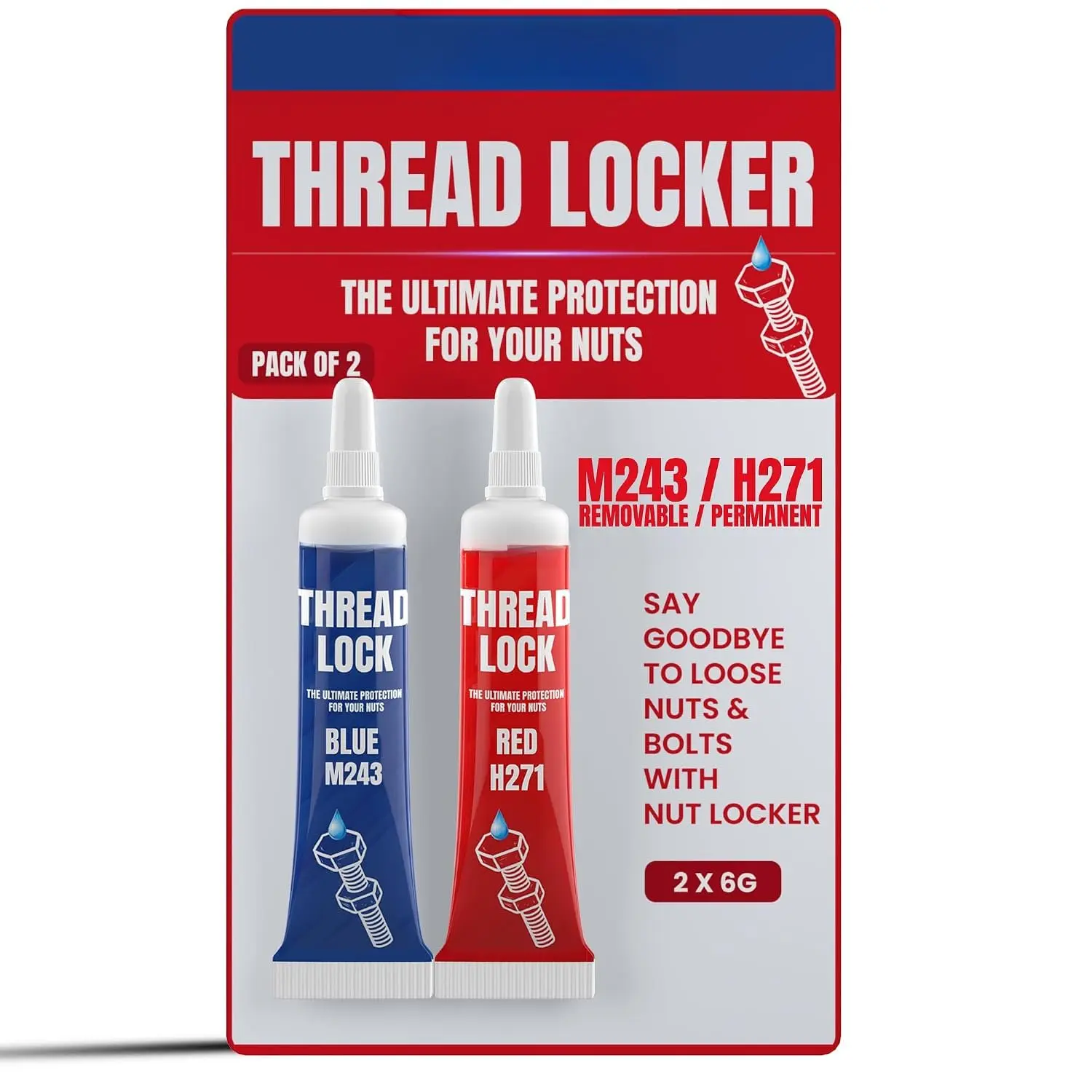 -6gx2 Pack Thread Lock Medium and  Strength for Nuts, , and Metals, Threadlocker Lock Tight & Seal Fasteners with  and Consistent Performance