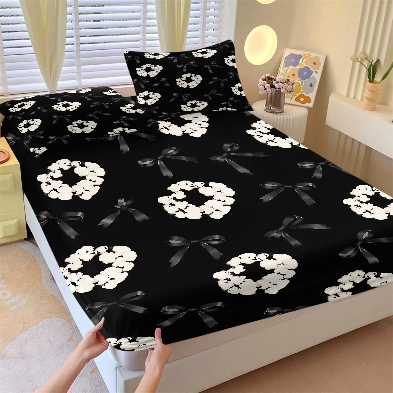 3pcs Chic Coquette Black Floral Wreath & Bow Fitted Sheet Set, Includes 1 Fitted Sheet + 2 Pillowcases, Soft Cozy Breathable Microfiber, Deep Pocket Anti Slip Design, Stylish Gift for Teen Girls Room