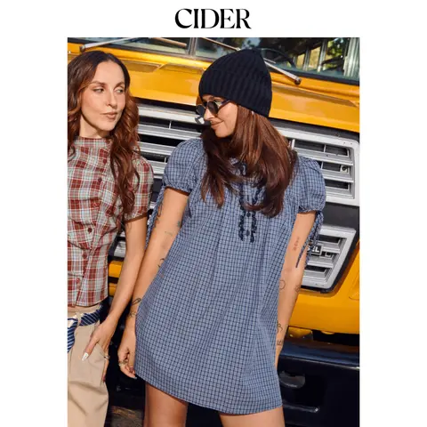 Cider Cotton-blend Peter Pan Collar Plaid Lace Trim Puff Sleeve Knotted Mini Dress