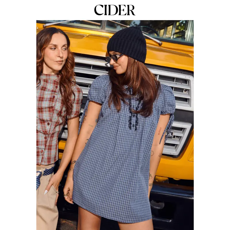 Cider Cotton-blend Peter Pan Collar Plaid Lace Trim Puff Sleeve Knotted Mini Dress