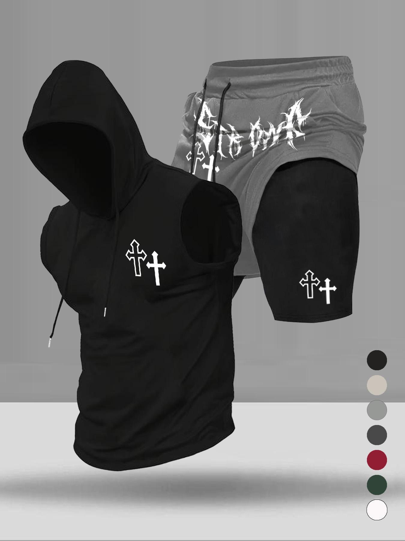 Men's Graphic Print Two-Piece Set, Stylish Hooded Sleeveless Vest and Drawstring Pocket Shorts, Summer Casual Wear for Sports and Daily Use