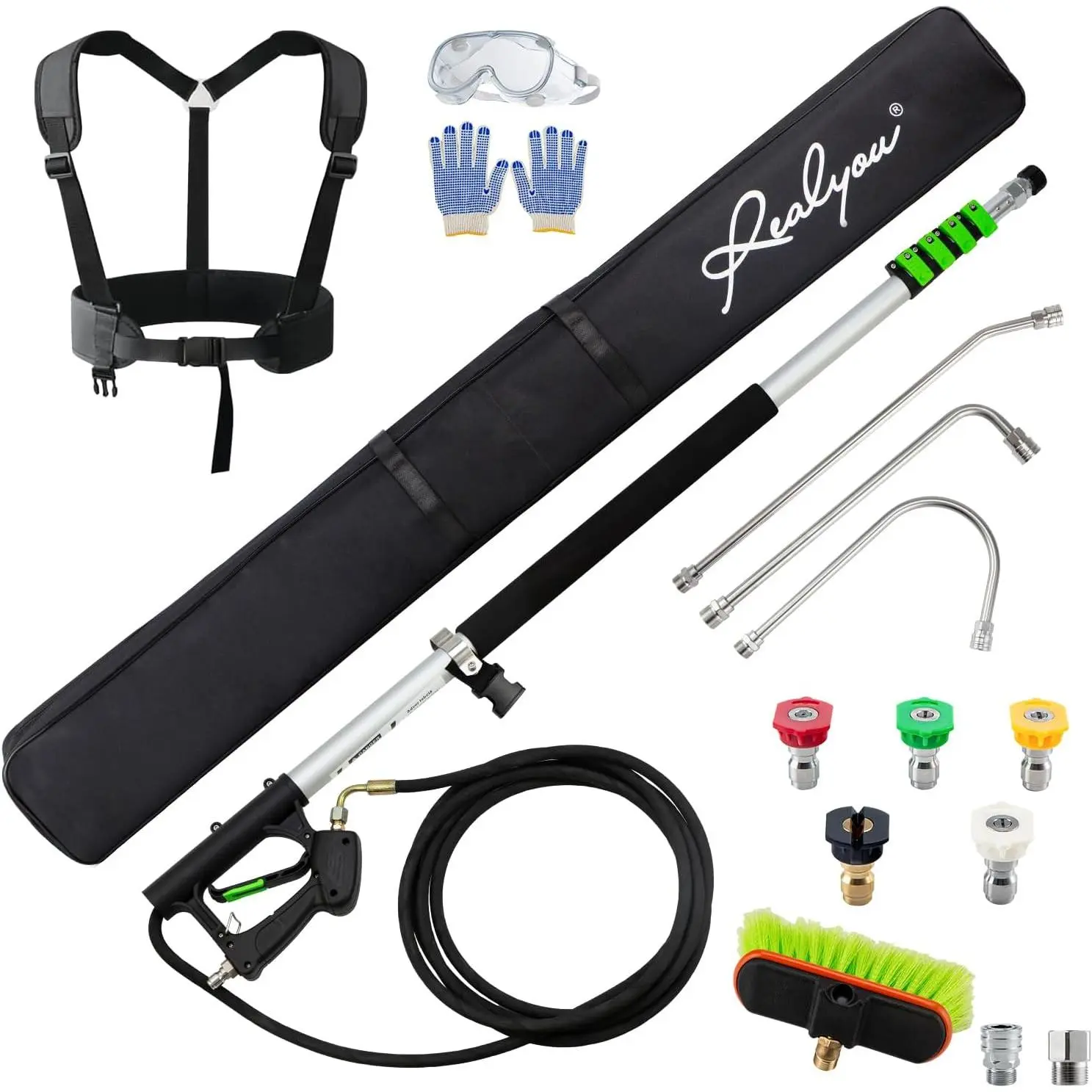 24 FT  Washer Telescoping Wand with  Washer Extension Wand, Gutter Cleaner Tool, 5  Nozzle Tips, 2 Hose Adapters, Support Belt and Bursh