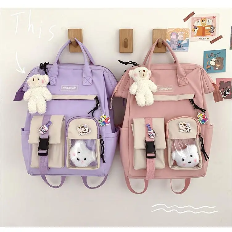 Cute Kawaii Backpack For Girls, Pastel School Backpack With Plush Charm, Multiple Pockets Student Book Bag For Teen Girls, Aesthetic Travel Backpack, Lightweight Casual Daypack For School, College, Gift Ideas