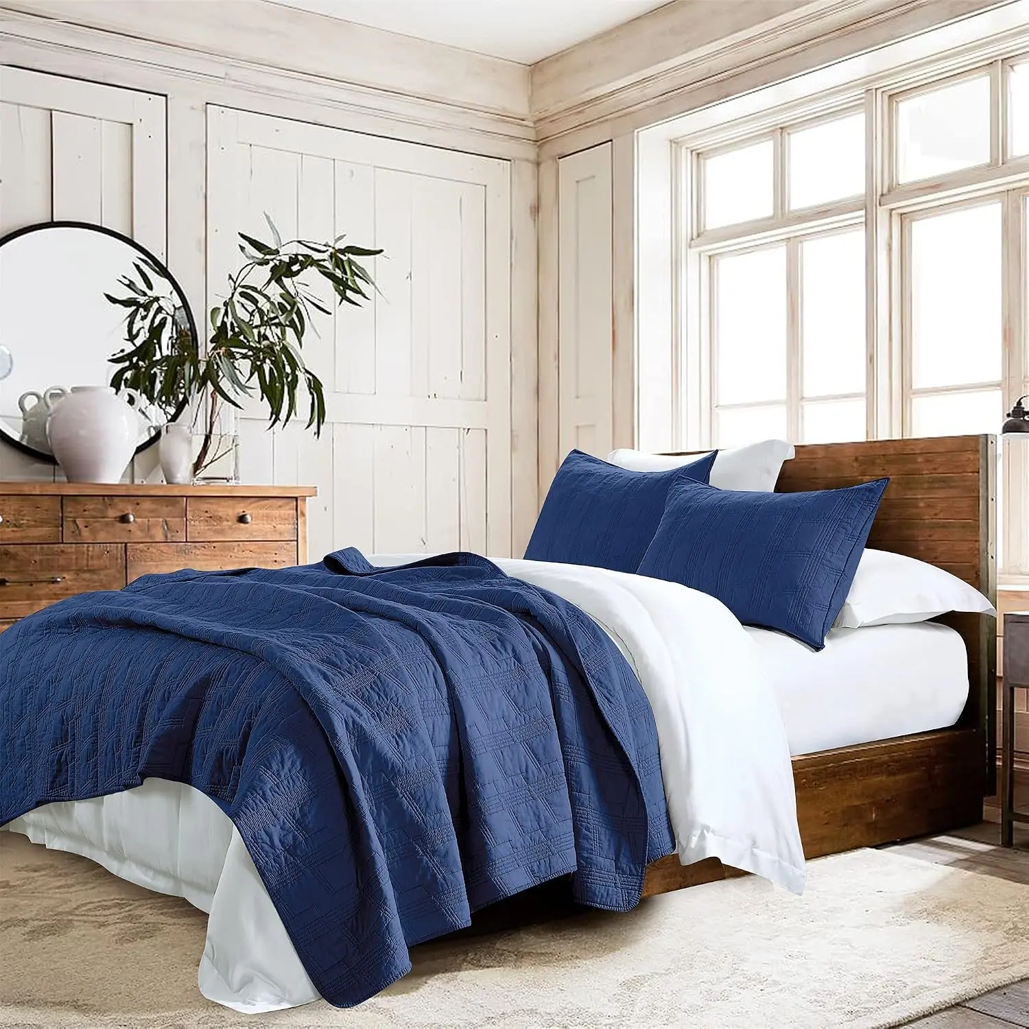 100% Cotton Quilt Set Twin Size, Navy Blue Pre-Washed 2-Piece Bedspread Coverlet Set, Cozy Lightweight Stitching Bedding Cover with 1 Sham in Geometric Pattern for All Season