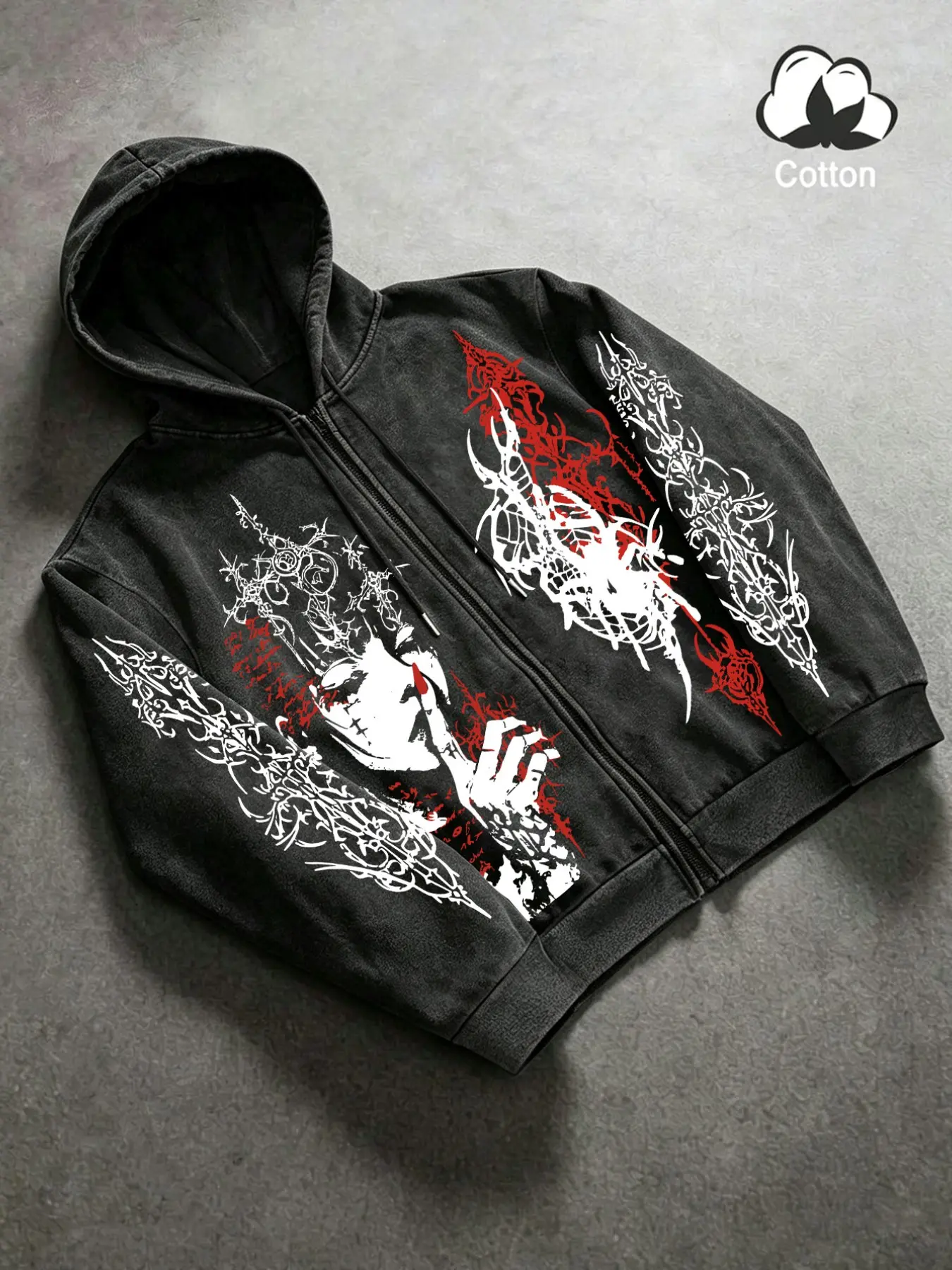 Vintage Acid Wash Heavyweight Zip Up Hoodie, Dark Opium Gothic Graphic Print, Tribal Tattoo Sleeve Long Sleeve Jacket, Unisex Oversized Streetwear for Daily Wear & Trendy Outfits
