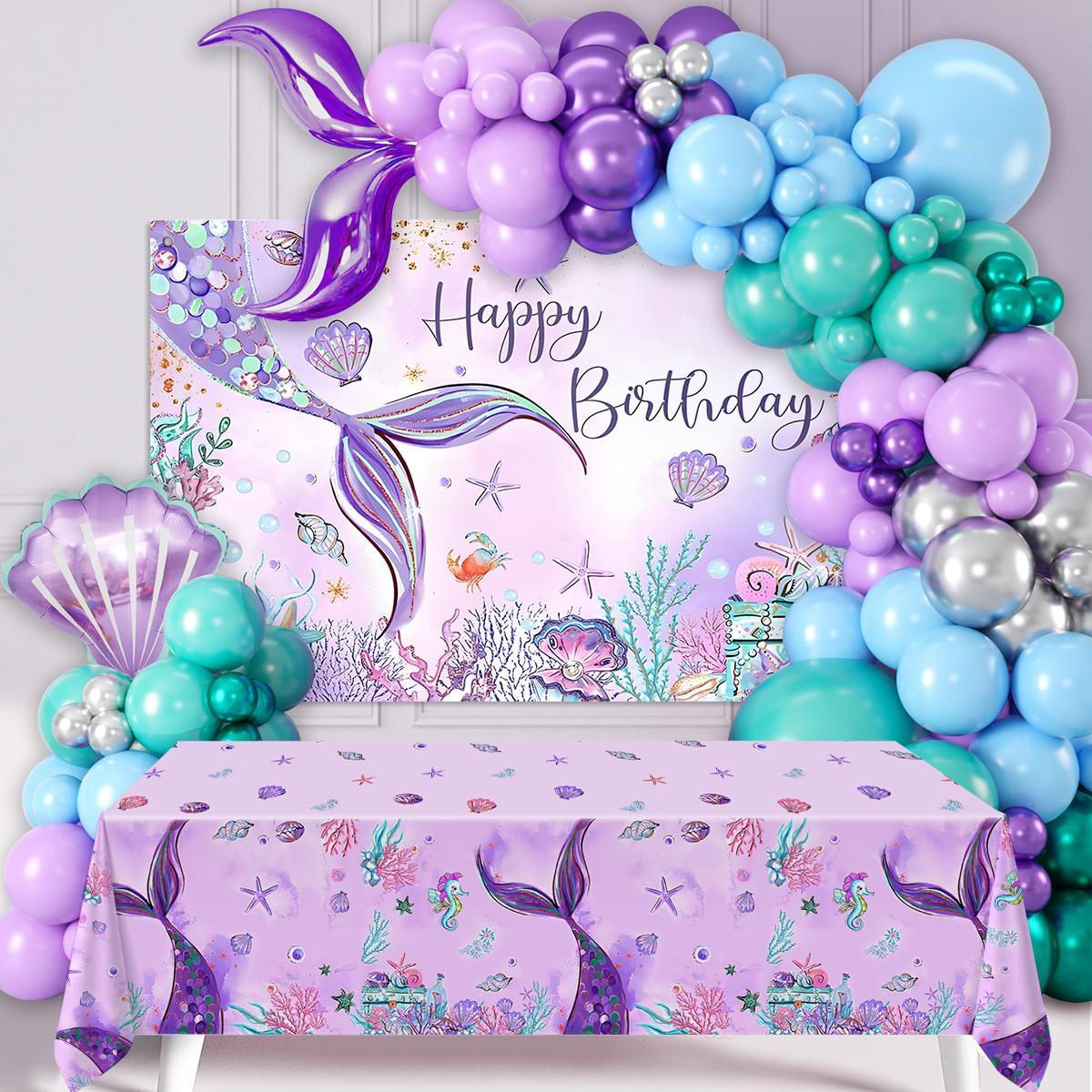 Mermaid Balloon Tablecloth Backdrop Set,109pcs Purple Shell Foil Balloon Mermaid Tail Birthday Decor ,Girls Mermaid Birthday Latex Balloon Decoration birthday party