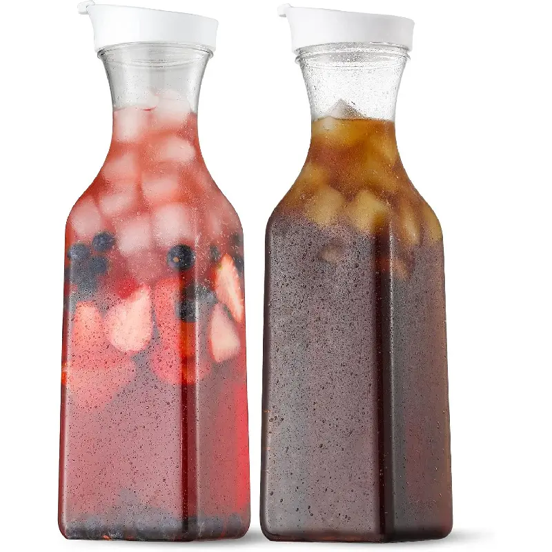 Plastic 50 Oz Water Carafe with Flip Top Lid, Set of 2 Square Base Juice Containers, Clear Plastic Pitcher - for Water, Iced Tea, Juice, Beverage, Cold Brew and Mimosa Bar - HAND WASH kbONLY