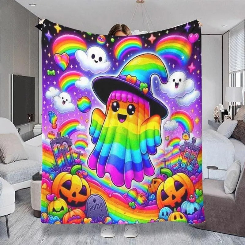 2D Flat Pattern Print (Non-3D) Colorful Cute Rainbow Ghost & Whimsical Halloween Element Small Throw Blanket, Multiple Specifications Available, Cozy Soft Lightweight Nap Blanket Perfect for Couch, Sofa, Office Rest & Daily Casual Use