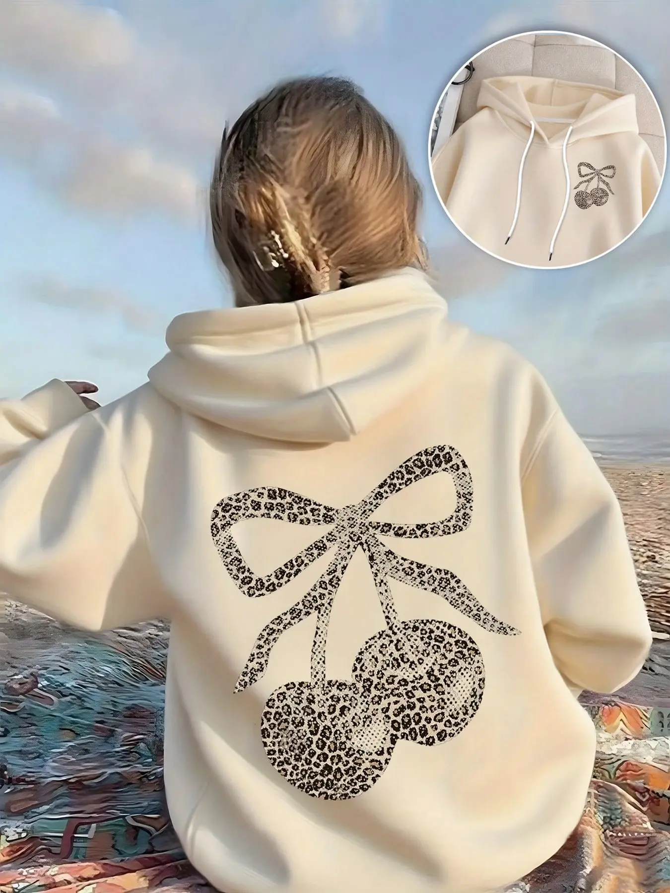 Women's Thick Hooded Sweatshirt, Leopard Cherry Print, Casual Drawstring Design, Fall Winter, Unisex, Gift Idea