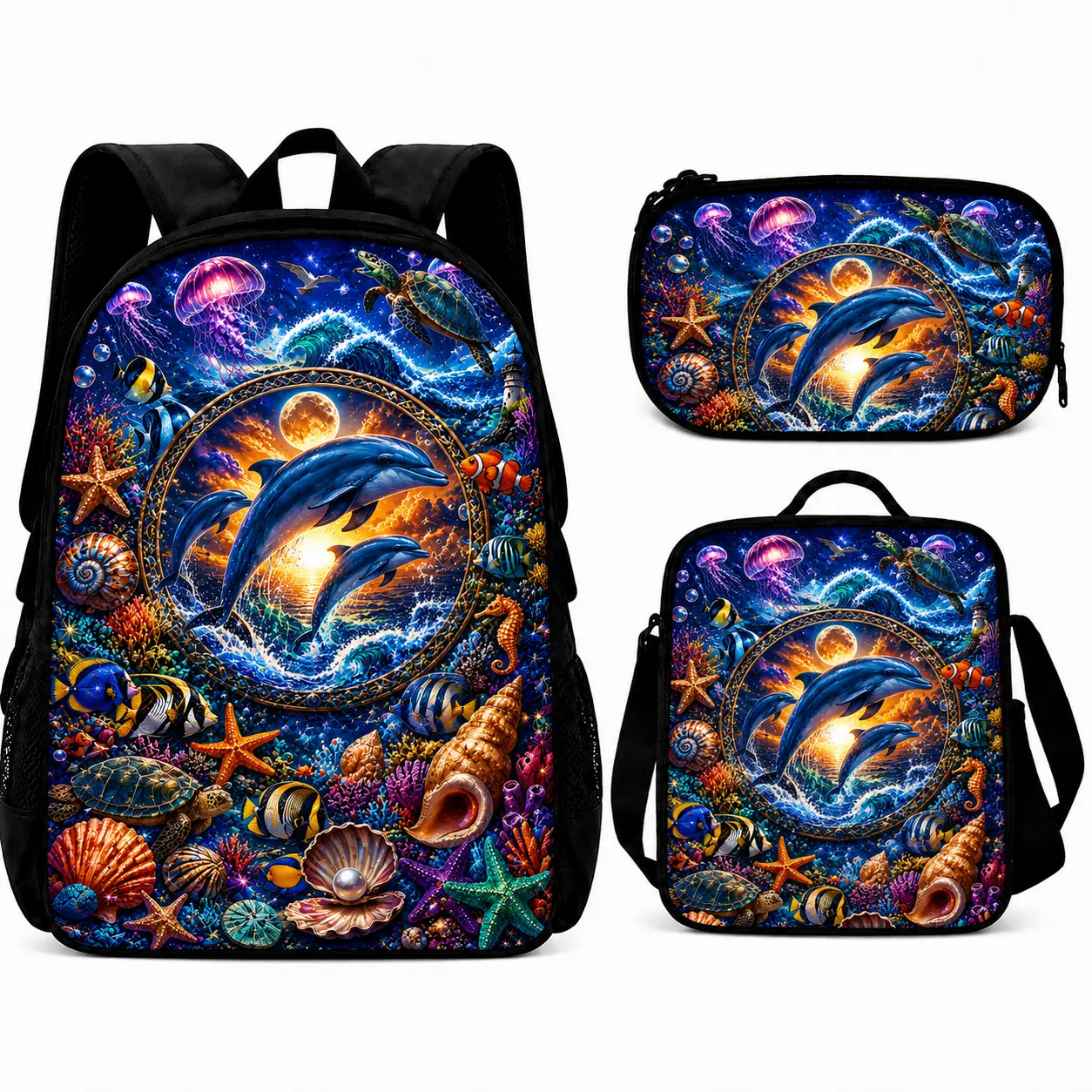 Ocean-Themed 3-Piece Backpack Set for Students - Polyester Fibre, Lunch Bag, Pencil Case, Adjustable Straps, Top Handle, Side Pockets, Dolphin Turtle Print, Ideal for School, Commuting, Gifting, Ocean-Themed Events (Bags for School), Synthetic