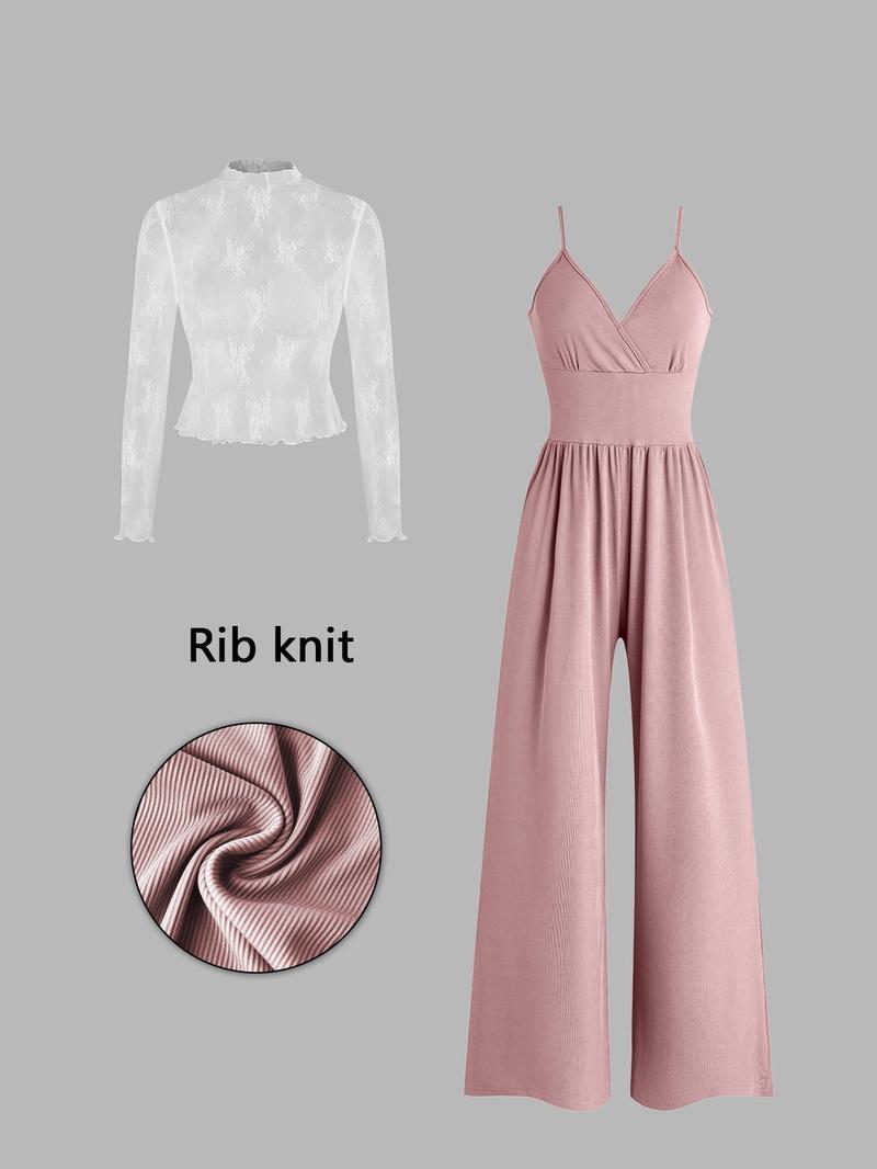 Women's Solid Lace Tee & Pocket Overalls Jumpsuit Set, Elegant Zipper Back Cami Jumpsuit & Long Sleeve Top for Daily Outdoor Wear, Women's Clothing for Spring & Fall, Matching Set Outfit, Womenswear Women's Solid Lace Tee & Pocket Overalls Jumpsuit Set, Elegant Zipper Back Cami Jumpsuit & Long Sleeve Top for Daily Outdoor Wear, Women's Clothing for Spring & Fall, Matching Set Outfit, Womenswear