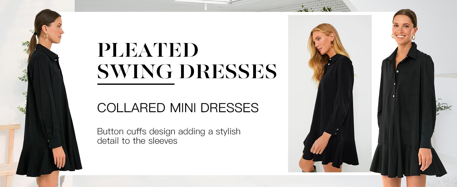 FMEYOA Womens Casual Button Down Shirt Dress Long Sleeve Collared Pleated Swing Mini Dresses FMEYOA Womens Casual Button Down Shirt Dress Long Sleeve Collared Pleated Swing Mini Dresses