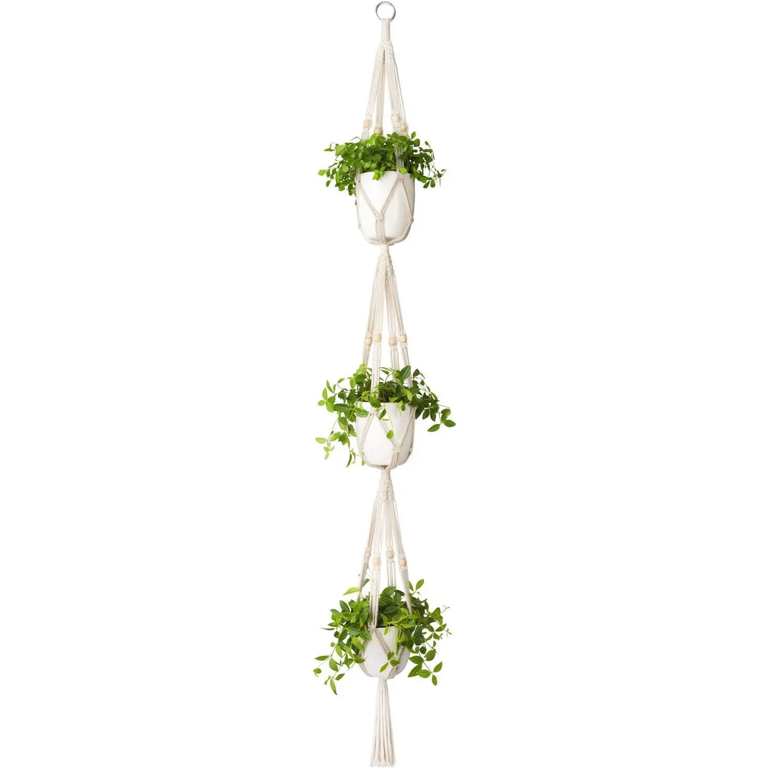 Macrame  Hanger 3 Tier 70"   Holder Indoor Outdoor |  Planters Basket  Rope  Beads Extra Long,  Decor for Patio Balcony Living Room, Flower Pots NOT Included
