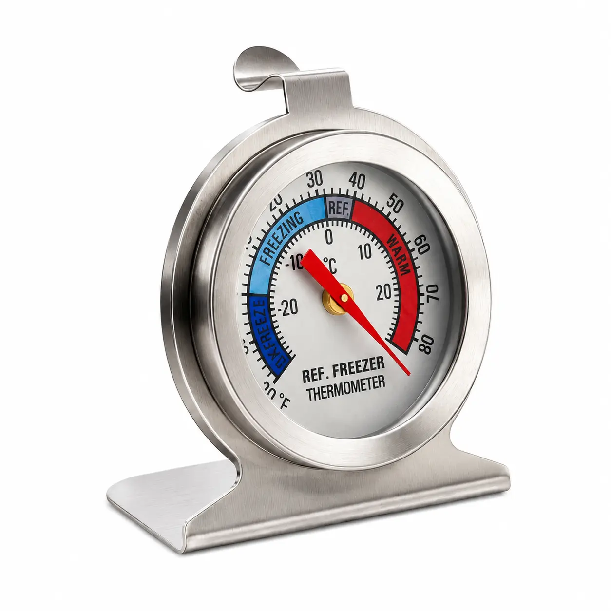 Stainless Steel Mechanical Refrigerator Thermometer for Freezer and Fridge – Battery-Free Dual-Range Hanging Temperature Gauge with Easy-Read Dial, Durable Food-Safe Design for Home and Commercial Cold Storage Use