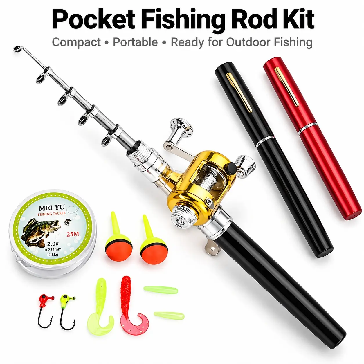 Pocket Fishing Rod Kit with Mini Reel & Fishing Accessories, Pen-Shaped Telescopic Fishing Pole, Compact Lightweight Fishing Set for Travel, Camping and Outdoor Fishing, Telescopic Rods