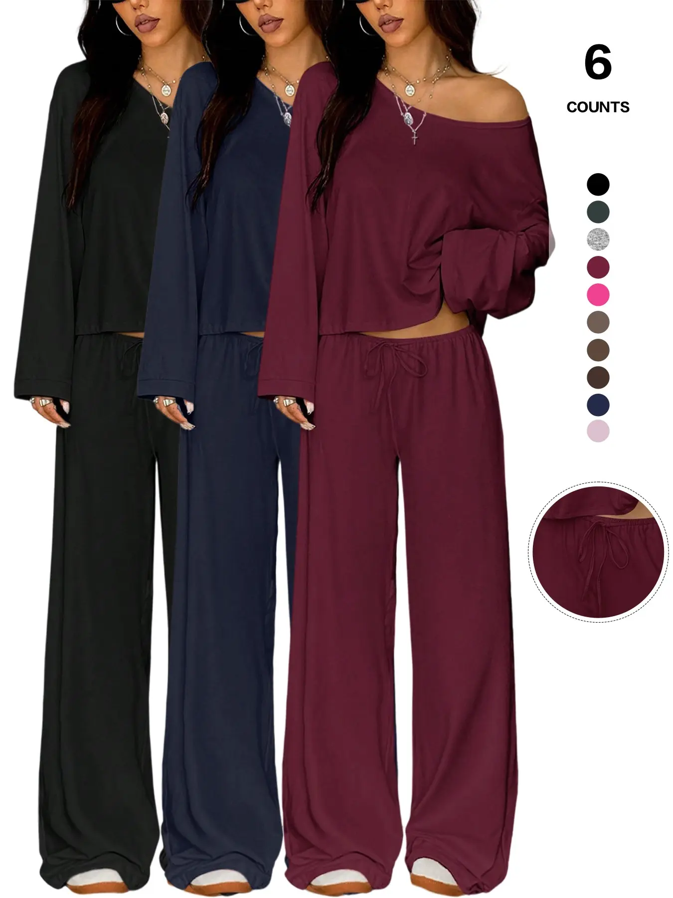 Women's off Shoulder Long Sleeve Loungewear Matching Set, Wide Leg Drawstring Pants, Casual Sleepwear, Loose-Fitting, All Seasons, Pajama Set, Homewear