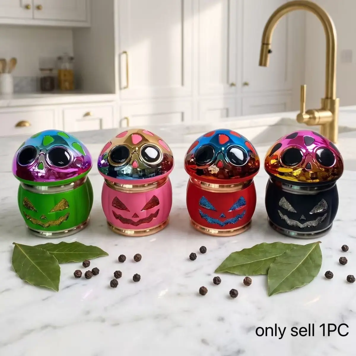 3.94Inch 10cm Halloween Mushroom Skull Pumpkin Mini Manual Pepper Mill Peppercorn Dry Spice Grinder Compact Kitchen Seasoning Tool Home Cooking Meal Prep
