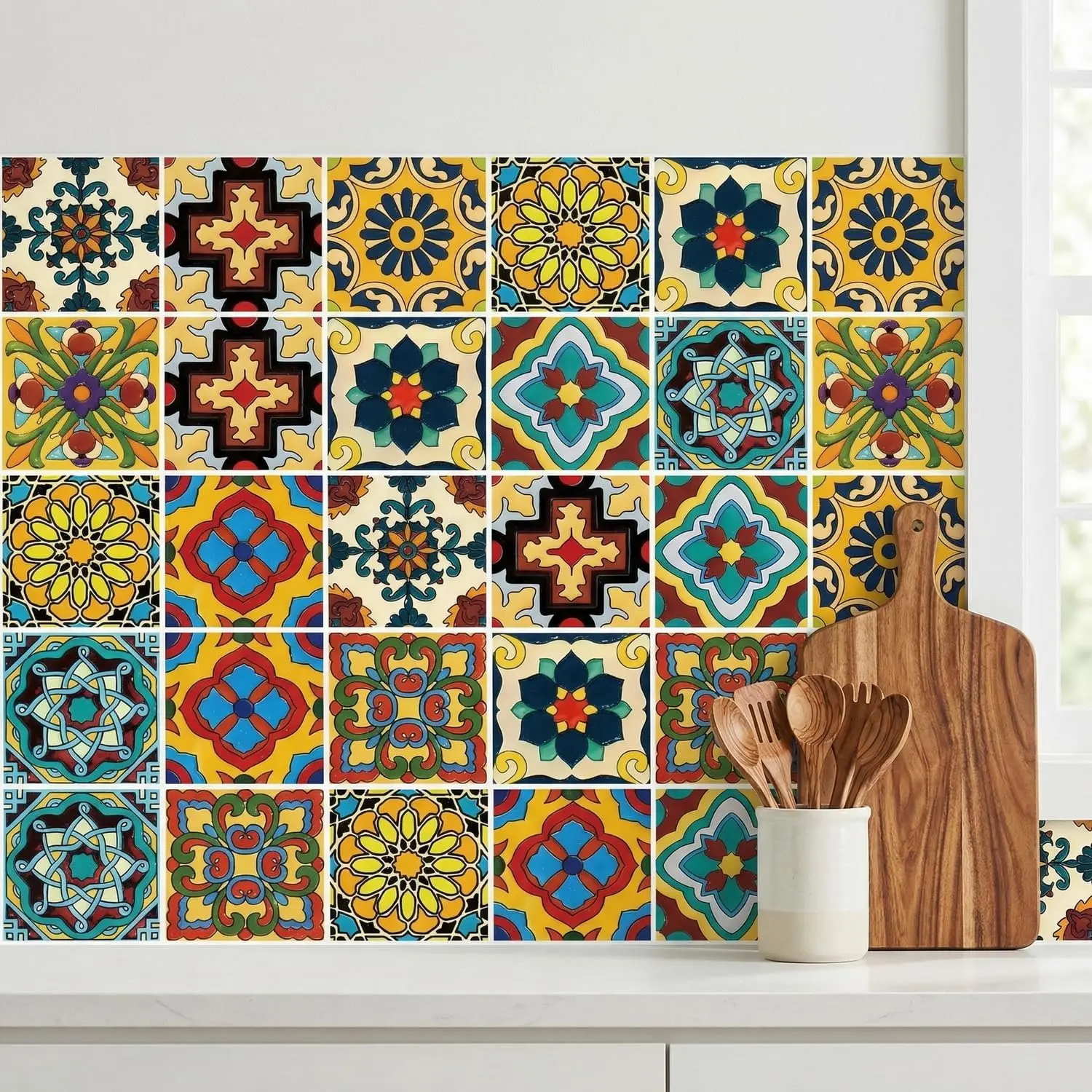 30 Pcs Mexican Talavera Peel and Stick Tile Stickers 4x4 Inch - Self-Adhesive Waterproof Vinyl Backsplash Decals for Kitchen Bathroom Stair Riser, Removable Boho Spanish DIY Wall Decor