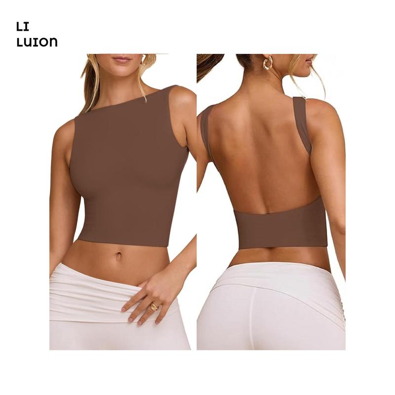 Women's Flexible Tank Tops CasualFit Boat Neck Sleeveless Open Back Solid Color Backless Shirt for Summer