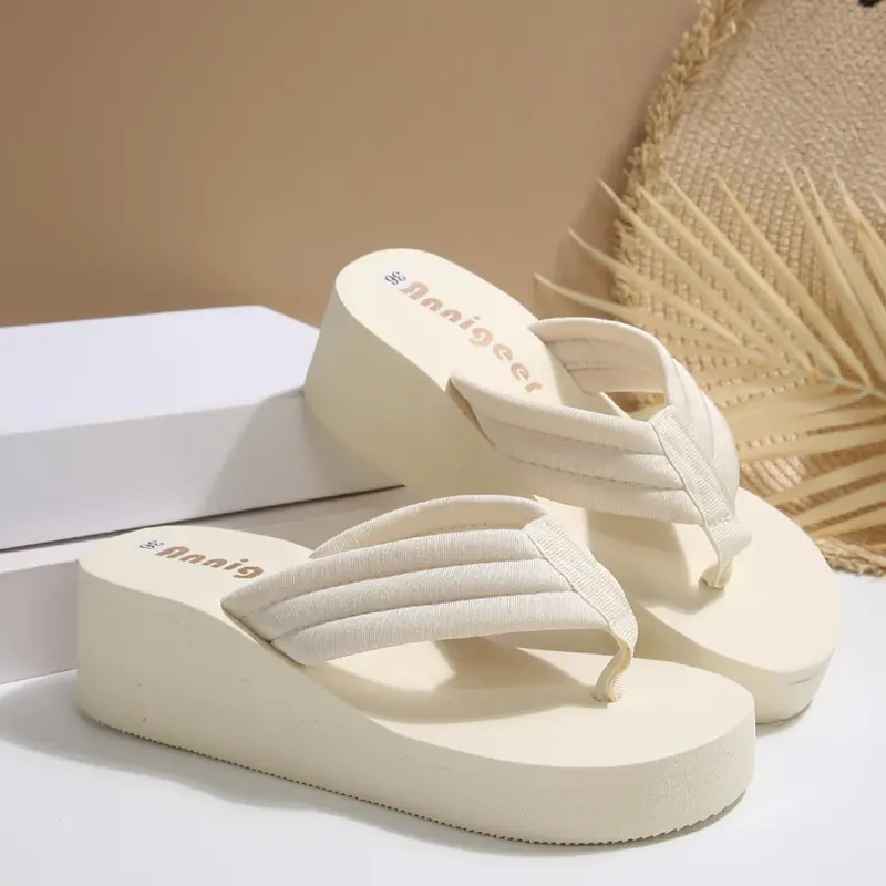 Women's Fashionable Plain Color Slip on Wedge Sandals, White, Casual Comfortable Wedge Sandals for Beach, Fashionable Shoes for Daily Wear, Summer, Beach Walking Sandals, Multi Strap Sandals, Elegant Sandals, Fashionable Comfy Sandals