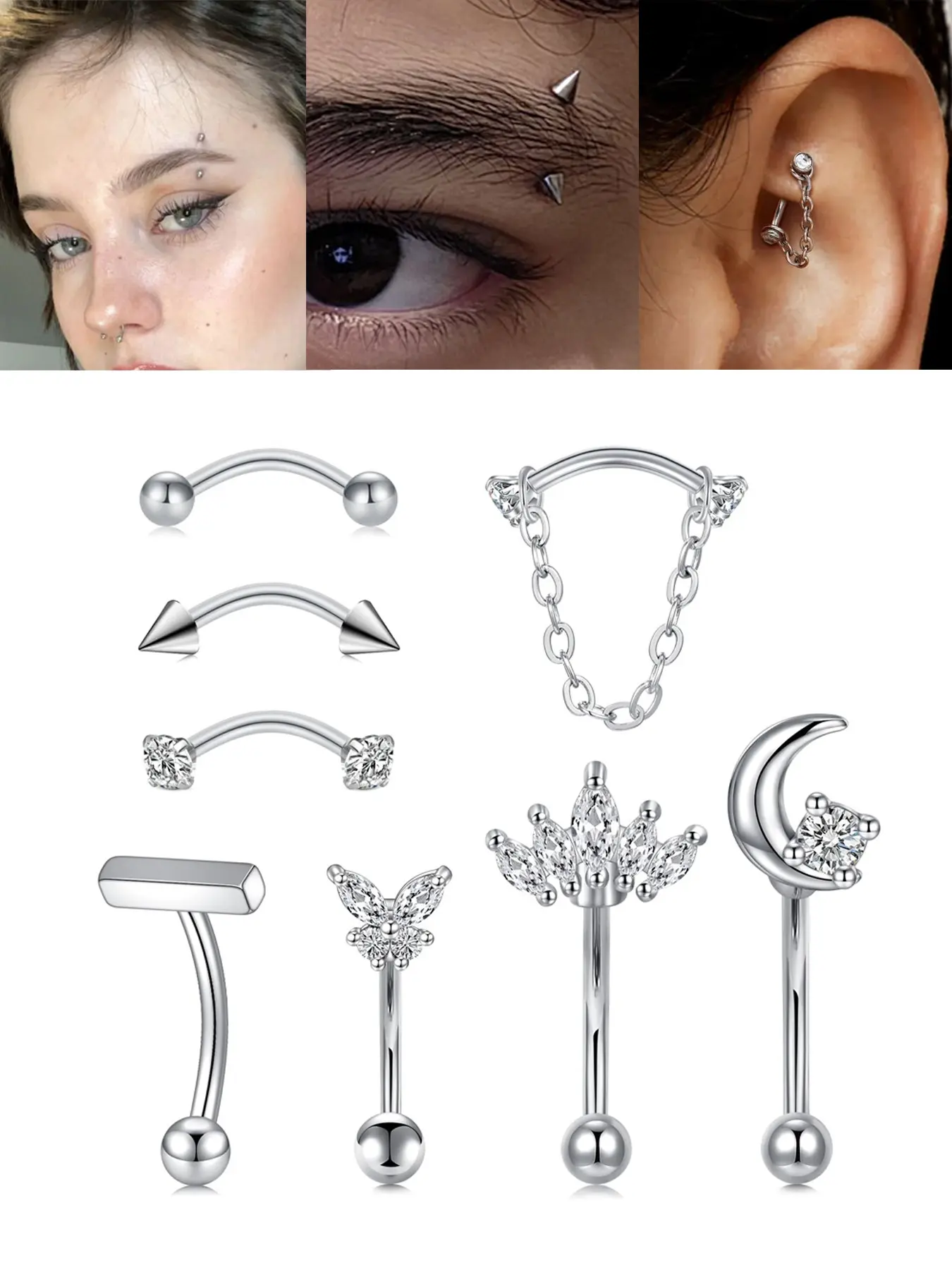 Hypoallergenic Stainless Steel Body Jewellery Rook Daith Piercing Jewelry, 16g Eyebrow Rings, Rhinestone Design, All Seasons, Daily Wear