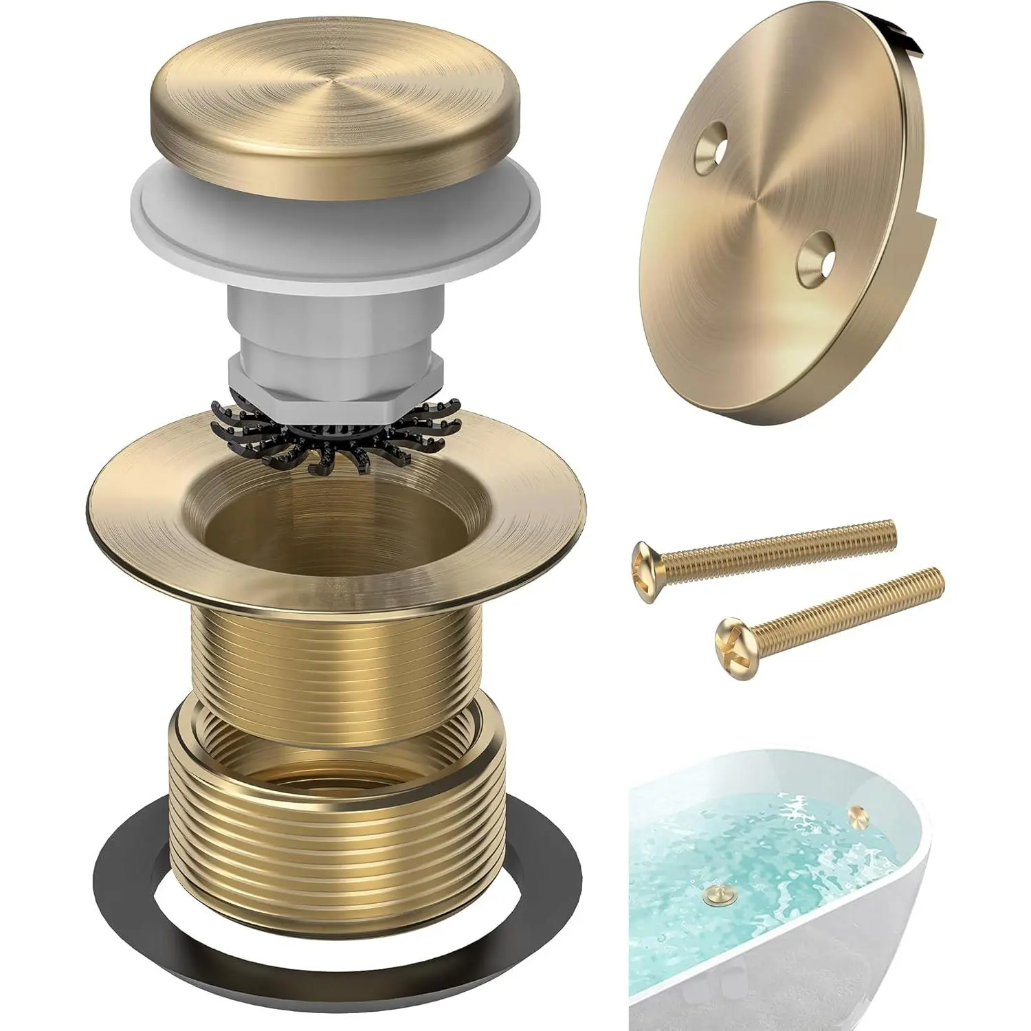 Brushed Gold Bathtub Drain Kit with Hair Catcher, Premium Brass Tip-Toe Bathroom Tub Drain Replacement, 2-Hole Overflow Faceplate, 11.5/16 UNC Bathtub Drain Stopper Assembly