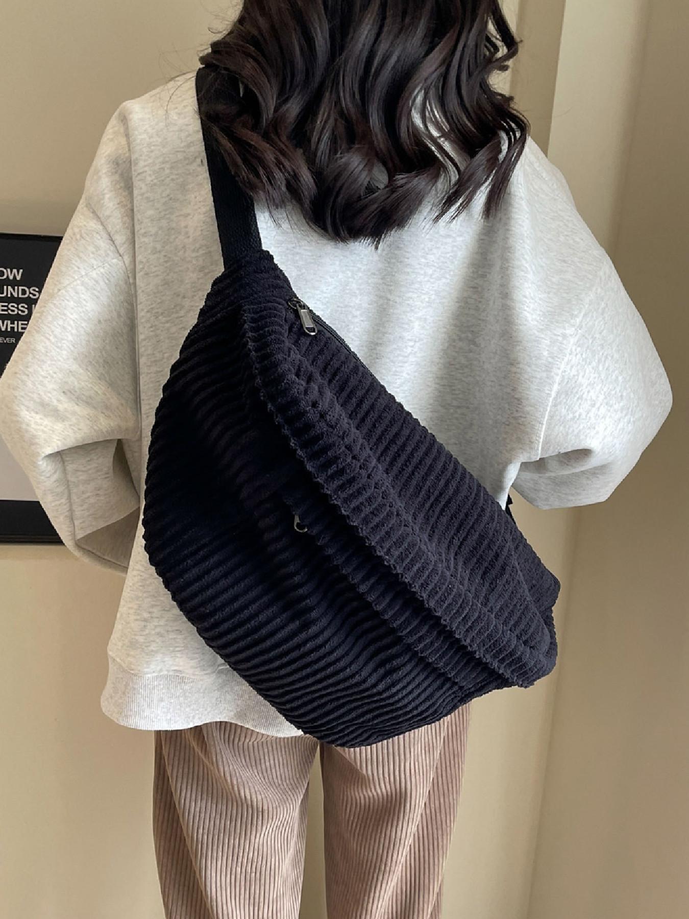 Women's Fashionable Large Capacity Embossed Textured Zipper Belt Bag, Casual Commuter Versatile Plain Fanny Packs, Simple All-match Bum Bag