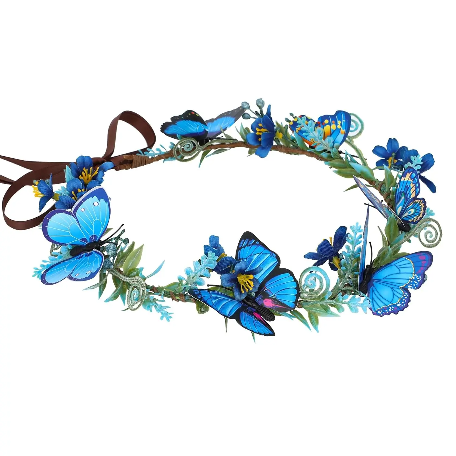 Handmade Blue Flower Butterfly Crown Floral Elf Crown Woodland Fairy Headpiece Forest Elven Circlet for Women's Renaissance Halloween Cosplay Festival Party