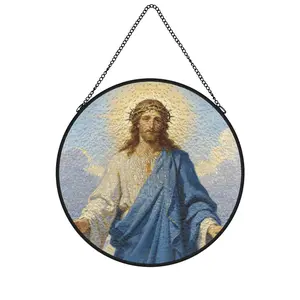 Faith Inspired Window Hanging Decor, Round Stained Glass Style Suncatcher with Chain, Sunlight Glow Wall Ornament for Home, Living Room, Kitchen Window, Prayer Room, Church Decor, Christian Gift for Family Friends