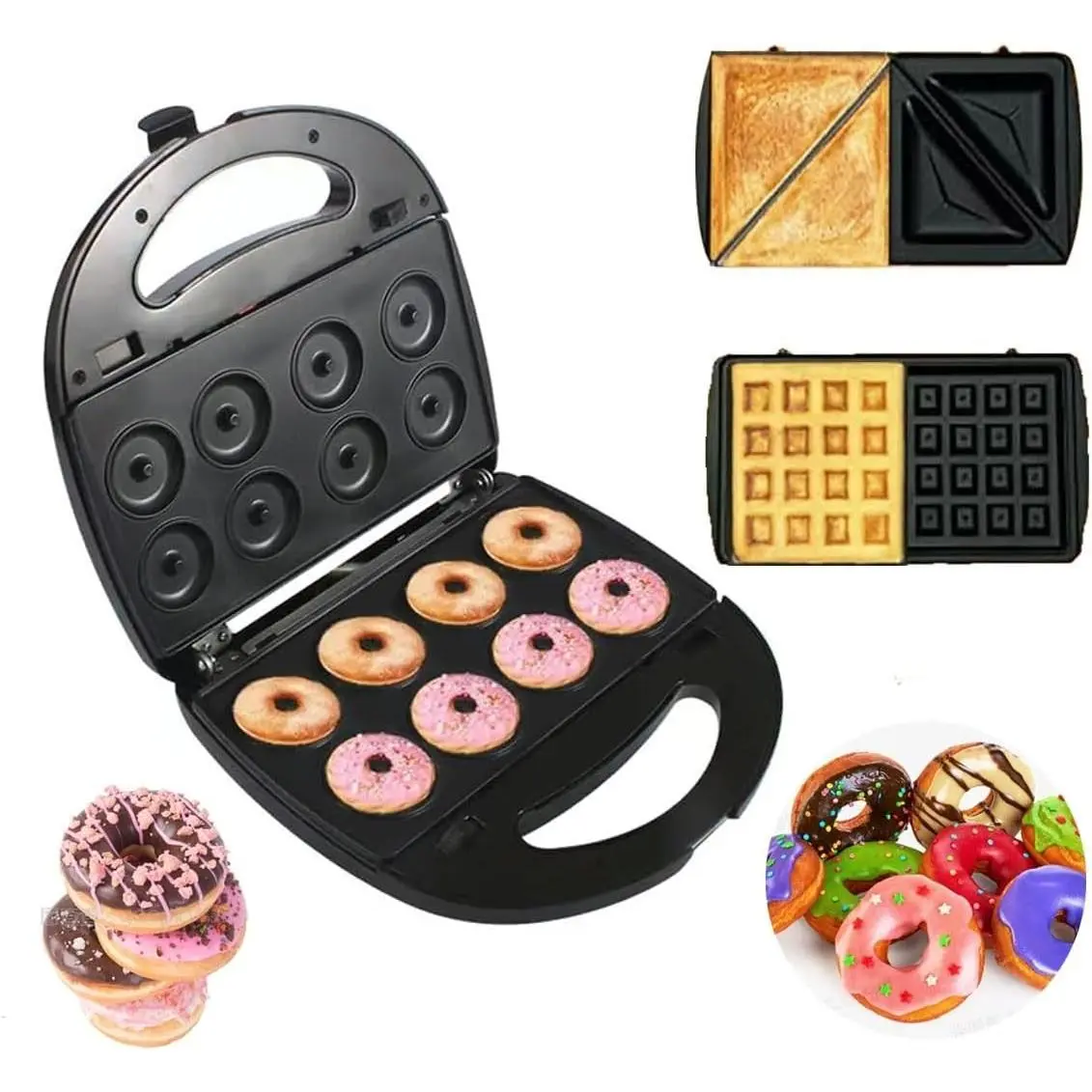 Donut Maker, 3 in 1 Electric Sandwich Waffle Machine, Panini Dessert Toaster with 3 Removable Non Stick Baking Plates，750W interchangeable Iron Set, For Breakfast and Afternoon Tea Use
