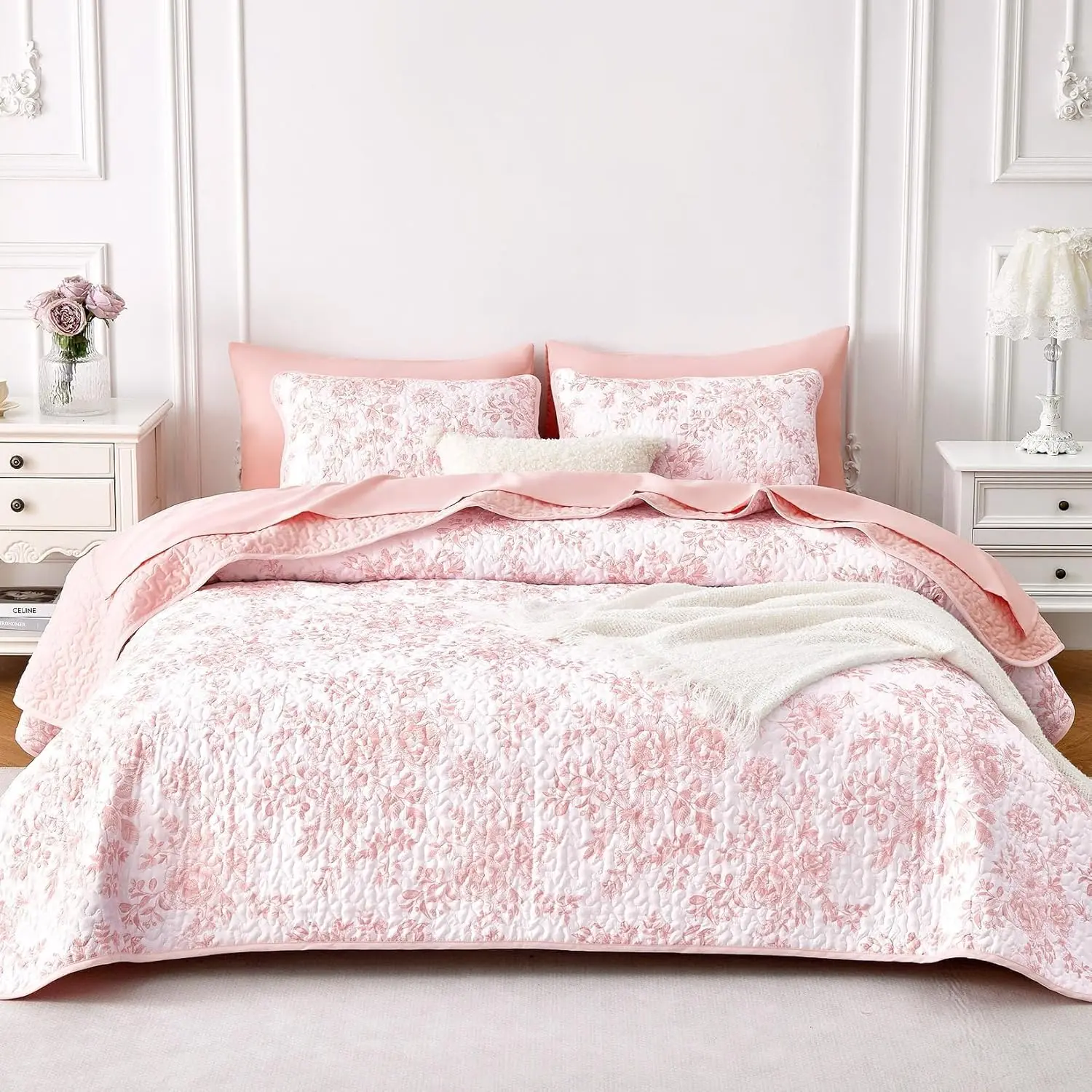 - Floral Set, Cottagecore Coquette Farmhouse with Vintage Flower Pattern, Reversible Lightweight Bedspread Coverlet, 3 Pieces, Pink White, Queen/Full Size, Bedroom Decor, Rustic