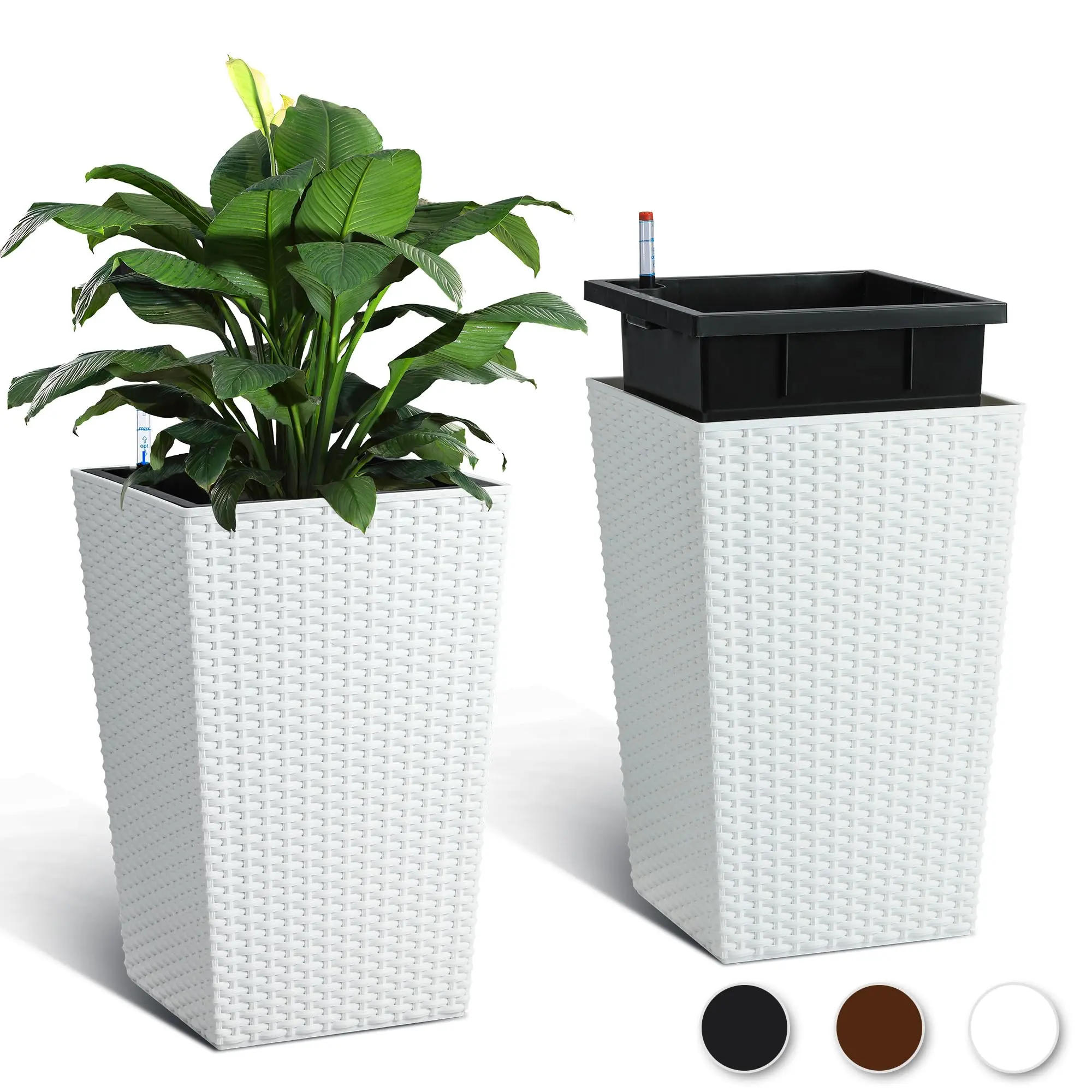 2 Pack 16 Inch Black Rattan Style Planters, Large Flower Pots with Trays Water Level Gauge and Rolling Wheels, Indoor Outdoor Decor for Patio Porch Living Room Office