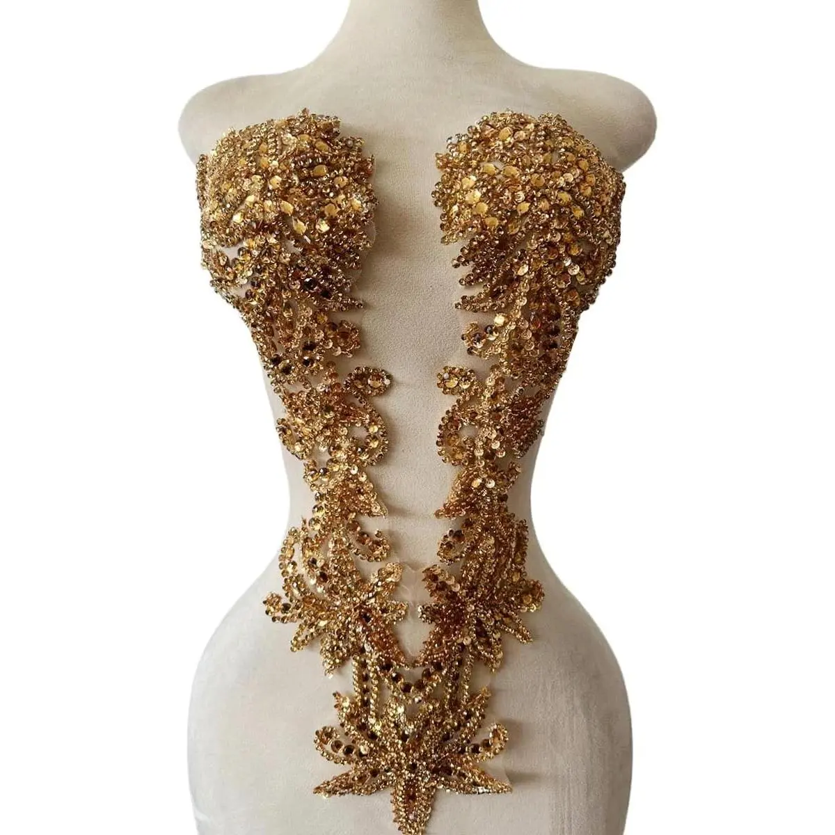 Handmade Beaded Appliques and Patches with Crystals Rhinestones Sew on Lace Sewing Accessories for Wedding Prom Evening Crafts DIY Dresses Gowns Decoration 6X21inches (Champagne)