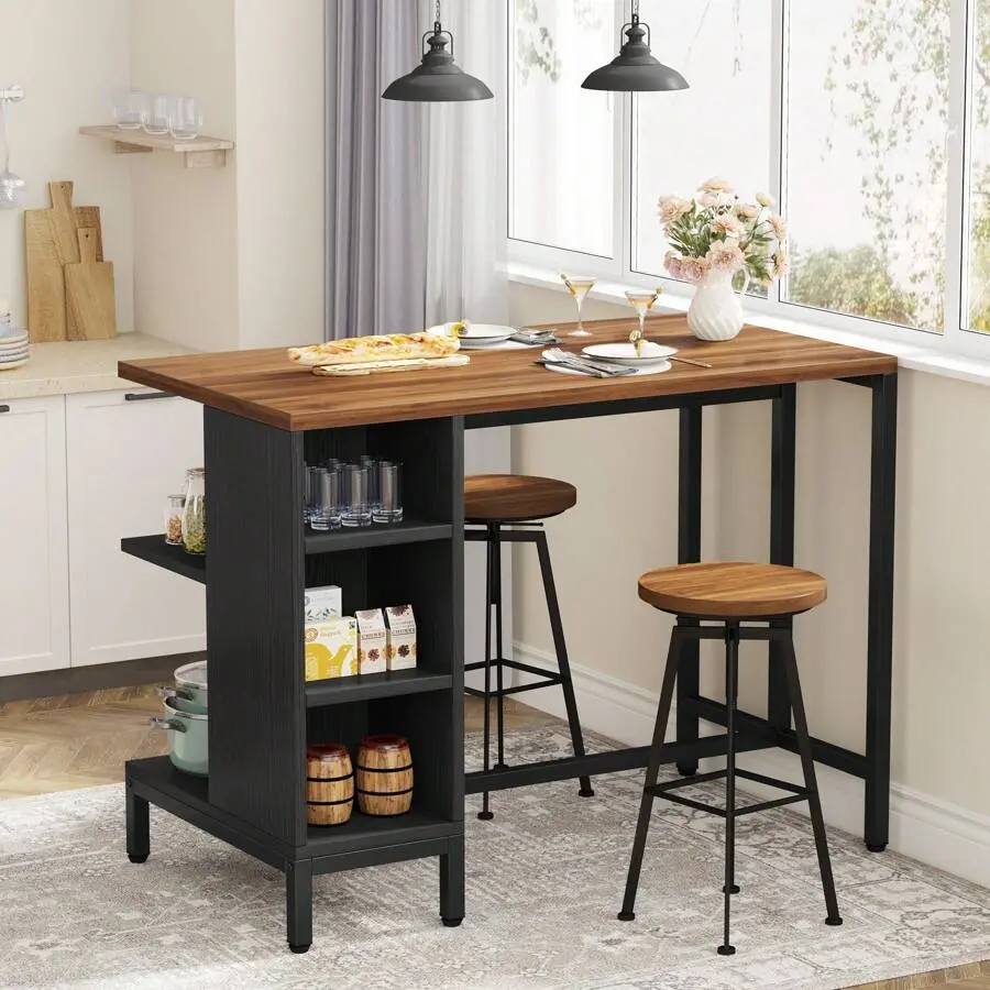 Island With Storage Shelves, 43 Inch Prep Table With 5 Open Shelves And Large Worktop, Industrial Butcher Block Island Coffee Bar Table, Dark Walnut (Stools Not Included) Home Decor Furniture, Dark Walnut