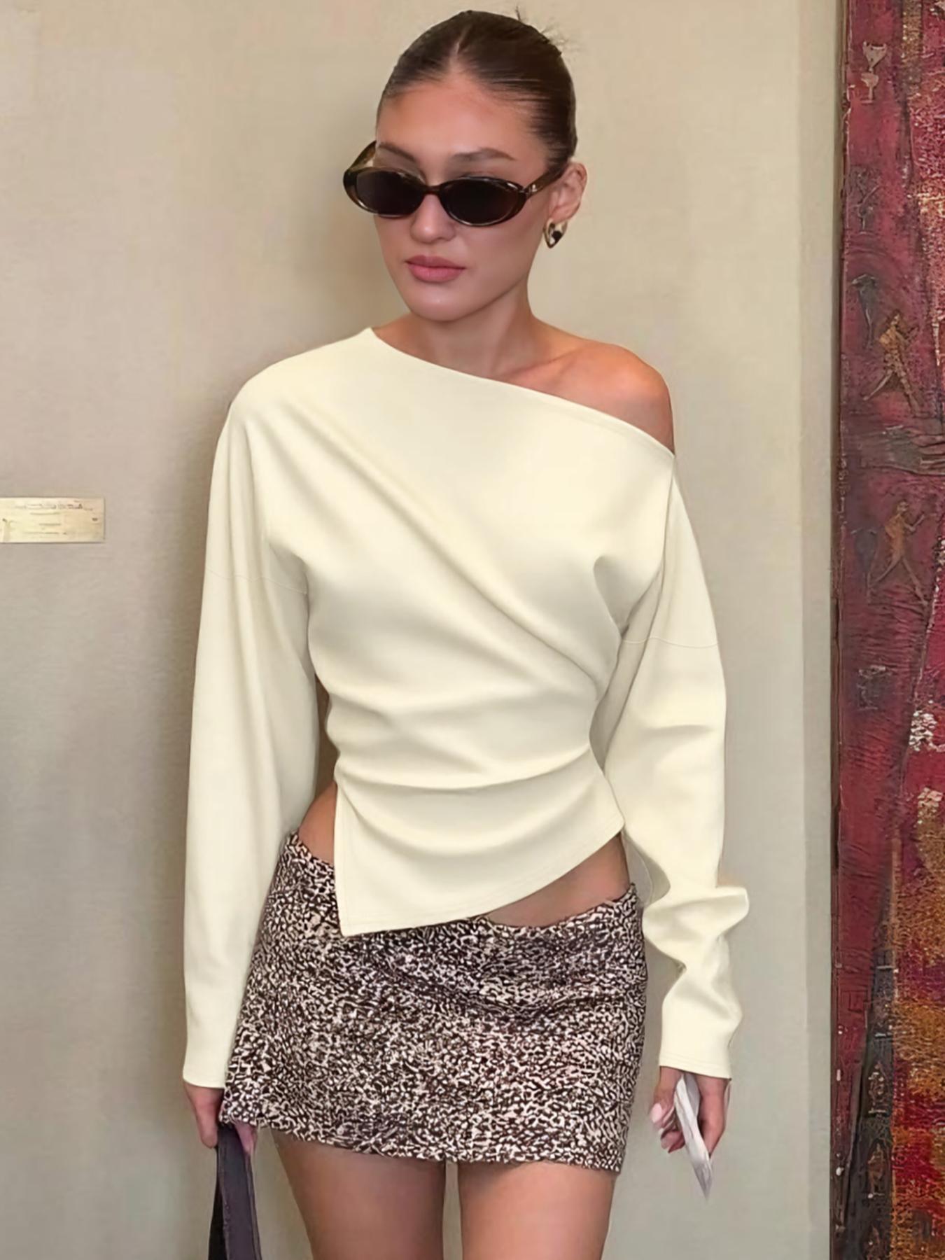 Women's Solid Color One Shoulder Split Hem Long Sleeve T-shirt Top, Sexy Irregular Strapless Plain Fitted Crop Top, Party Club Date Holiday Blouse Shirts, Ladies Spring Fall Winter Daily Casual Tops Clothes Wear