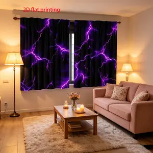 2-piece set of black purple lightning pattern curtains - machine washable semi transparent polyester fiber material, modern design, home decorator, Home Decorative Curtain, 2D flat, bedroom and living room curtains, kitchen curtains, Window Curtain