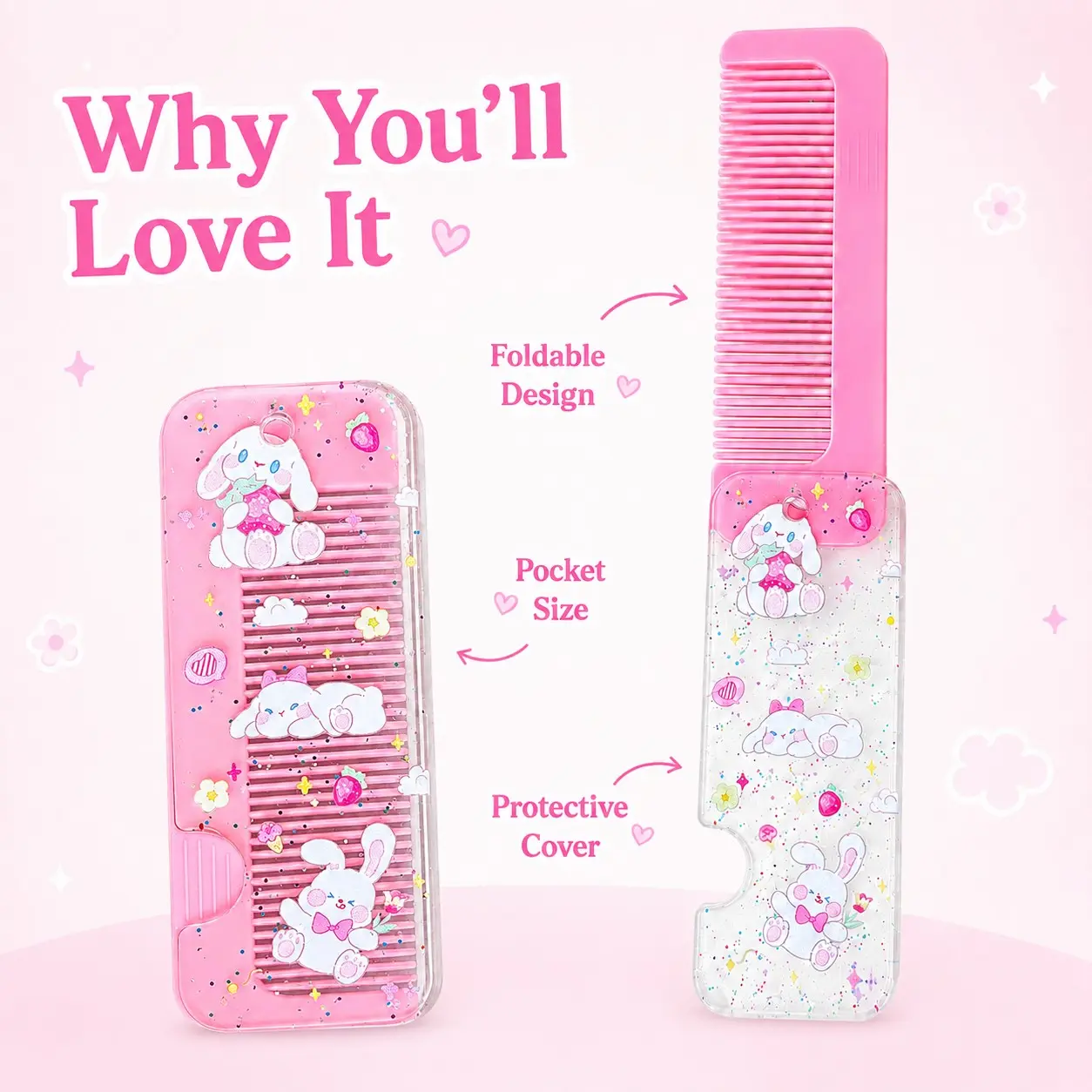 These 2 cute foldable pocket hair combs come with a protective cover. They are small and portable, perfect for everyday hair styling, carrying in your wallet, or for use at school or when you're out and about. Hair Care Tool