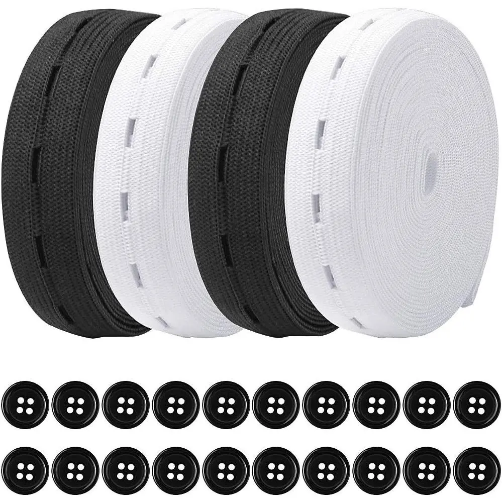 4 Rolls Elastic Band with Holes Elastic Band Button Elastic Button Holes Sewing Elastic Bands with Buttonhole and 100 count 18mm Black  Button (, 3/4 inch)