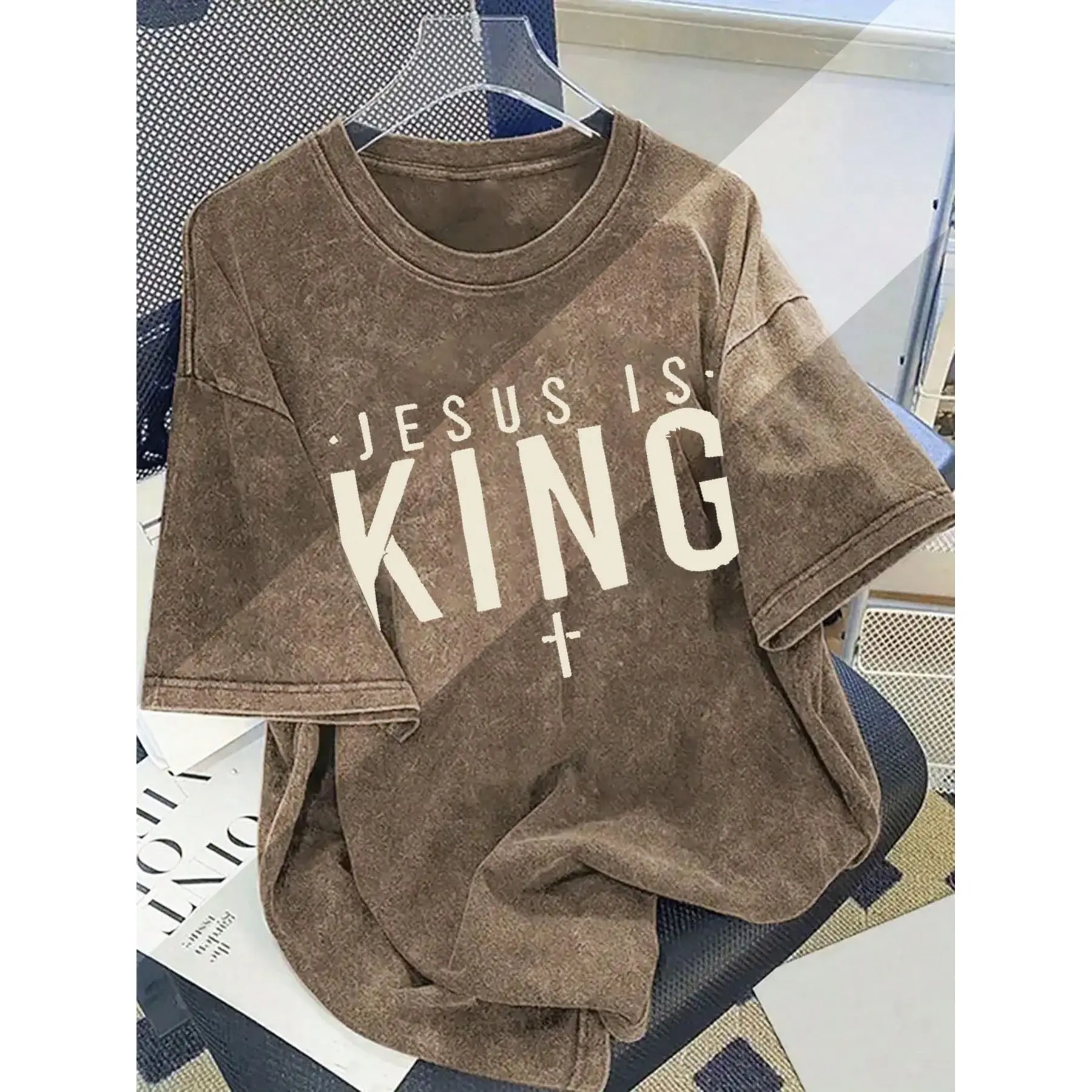 2026 Summer Menswear Short-Sleeve Round Neck T-Shirt - Jesus Is King Graphic Print, Heavyweight Vintage Washed Cotton Fabric, Casual Oversized Cut Soft Comfortable Top for Daily Wear, Shortsleeve, Loose Fit